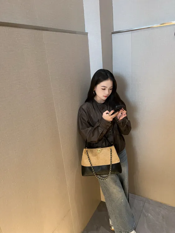 Hobo时尚托特包麂皮拼接包包小香风菱格链条单肩斜挎包大容量女包