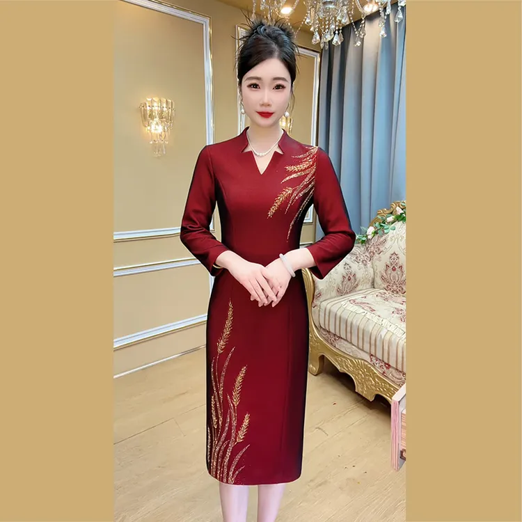 “一麦两穗”喜婆婆礼服裙气质春秋中长款长袖洋气婚礼秋季大码显瘦