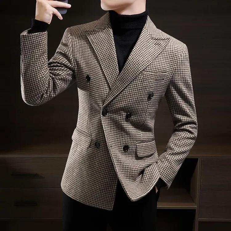 千鸟格休闲西装男戗驳领痞帅高级感单西修身英伦风双排扣西服外套