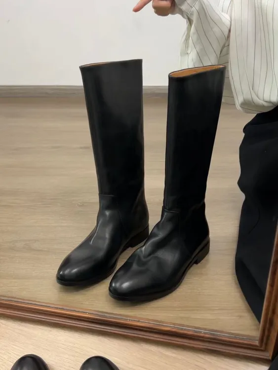 Dannyfrey头层牛皮秋冬新款欧美圆头气质高筒后拉链女骑士靴2.5CM