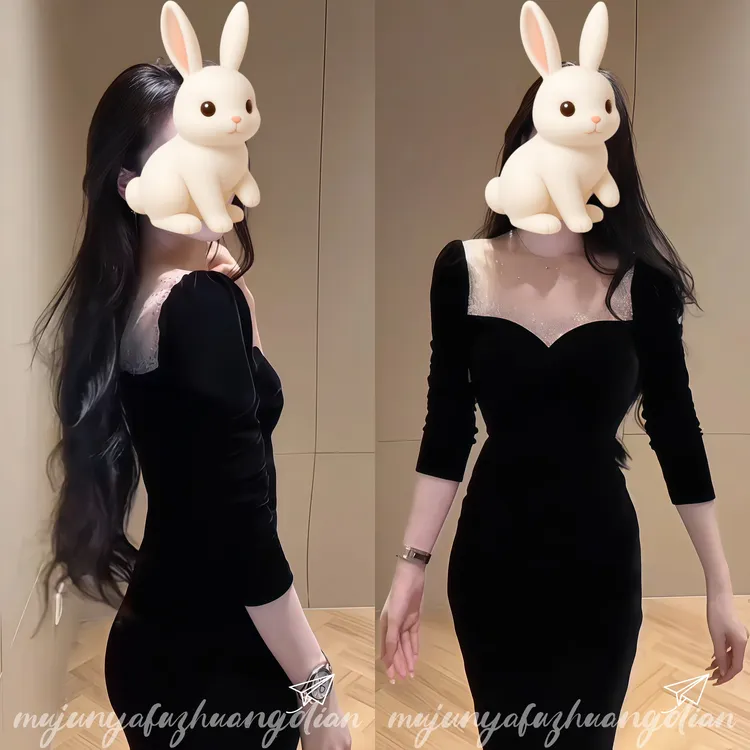 网红爆款高级感纯欲法式网纱拼接丝绒修身长款遮肉女士连衣裙秋冬