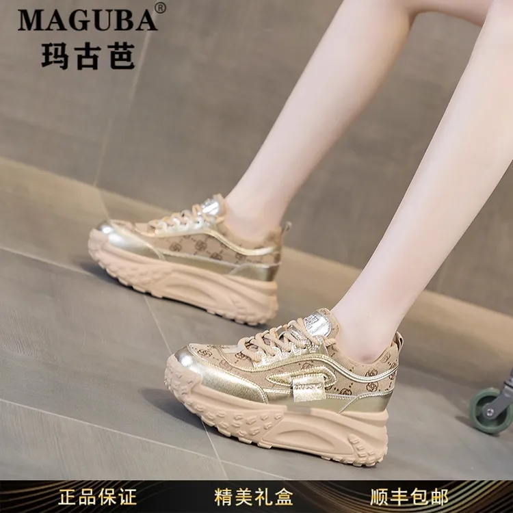 玛古芭女鞋复古帆布厚底老爹鞋女新款内增高小个子网面透气运动鞋