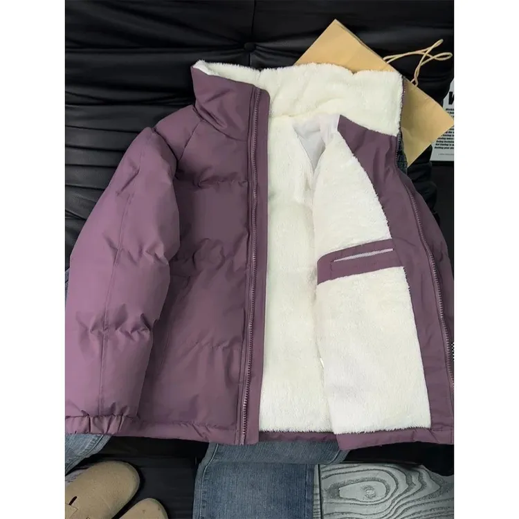 紫色东北零下40度羊羔绒棉服男款冬季保暖加绒加厚面包服棉袄外套