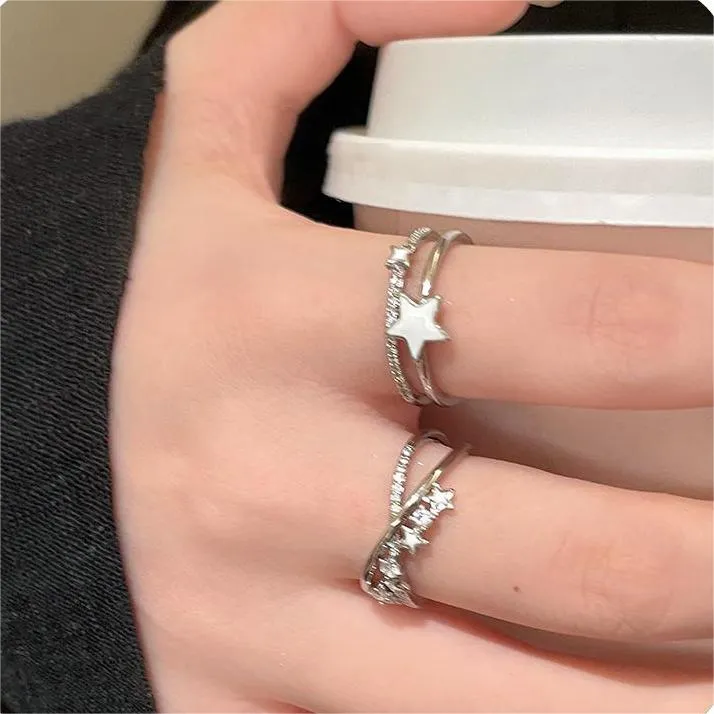 合金戒指 双层星星锆石开口戒指女小众独特设计指环高级感食指戒