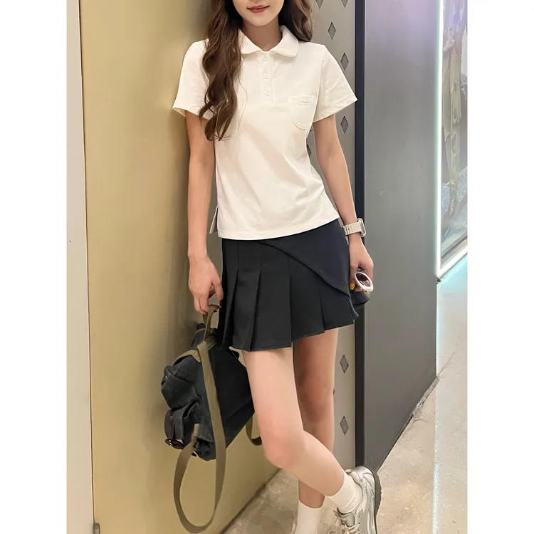 日系百搭学院风修身显瘦翻领上衣正肩POLO上衣短袖t恤女生夏新款