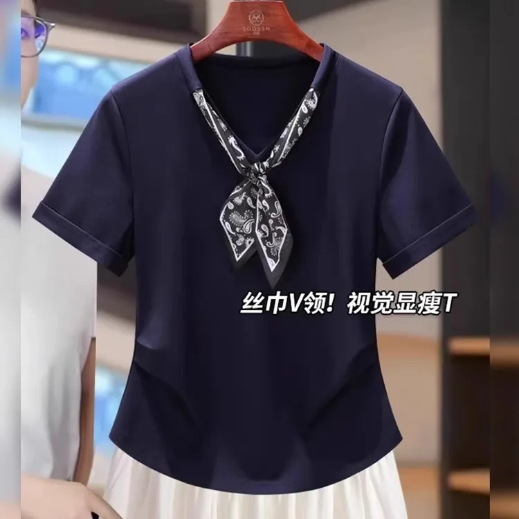 适合胖mm大码女装正肩V领丝带短袖T恤女夏季宽松显瘦独特百搭上衣