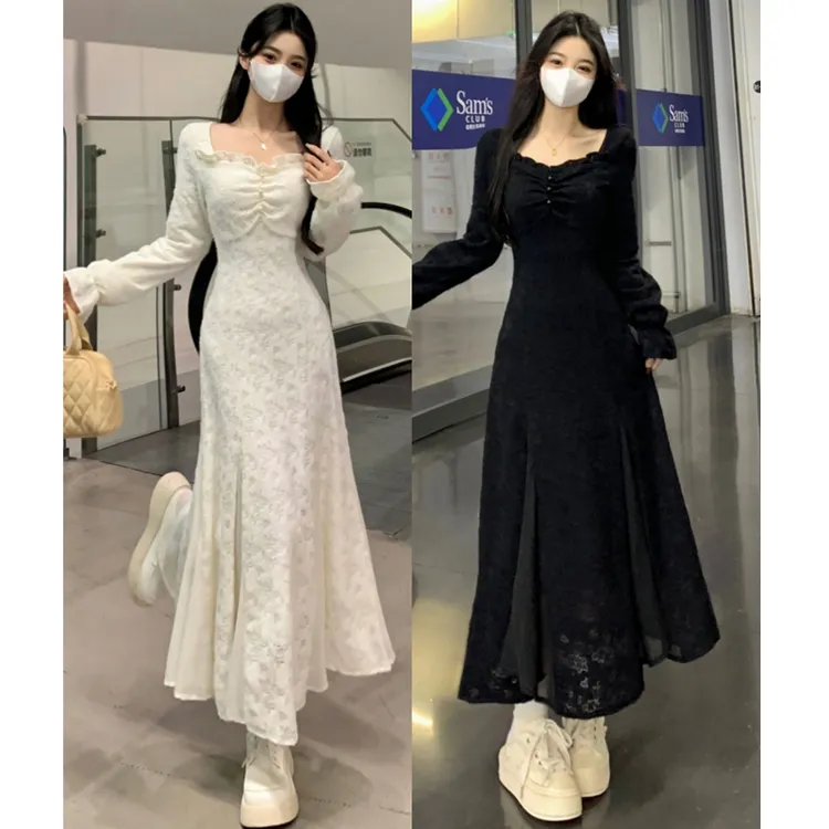 大码胖mm秋冬新款方领褶皱显瘦蕾丝长裙气质鱼尾炸街连衣裙女