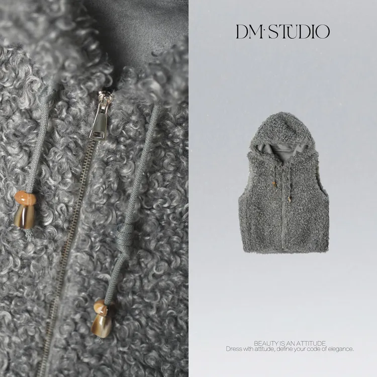 DEDM•STUDIO气质高奢小众卷毛串珠连帽拉链无袖马甲2507MJ/25989