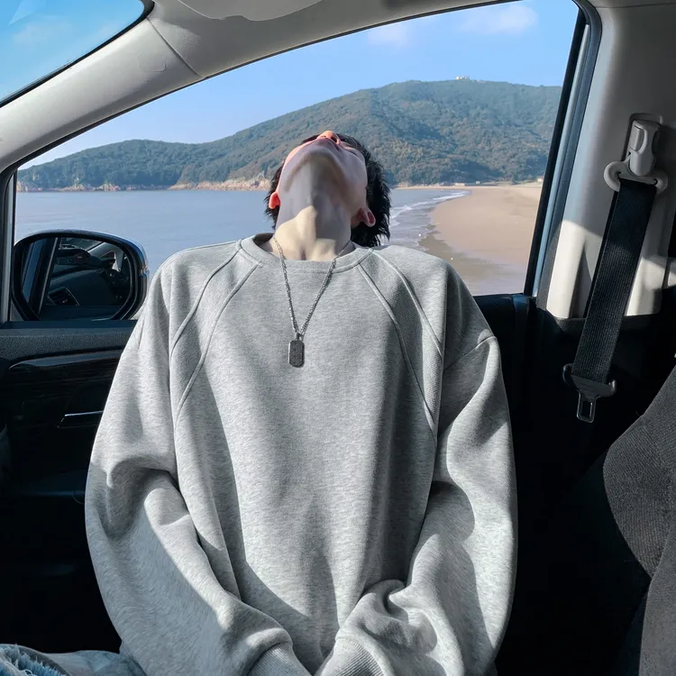 美式加绒重磅圆领卫衣男款秋冬宽松无帽长袖内搭t恤情侣上衣加厚