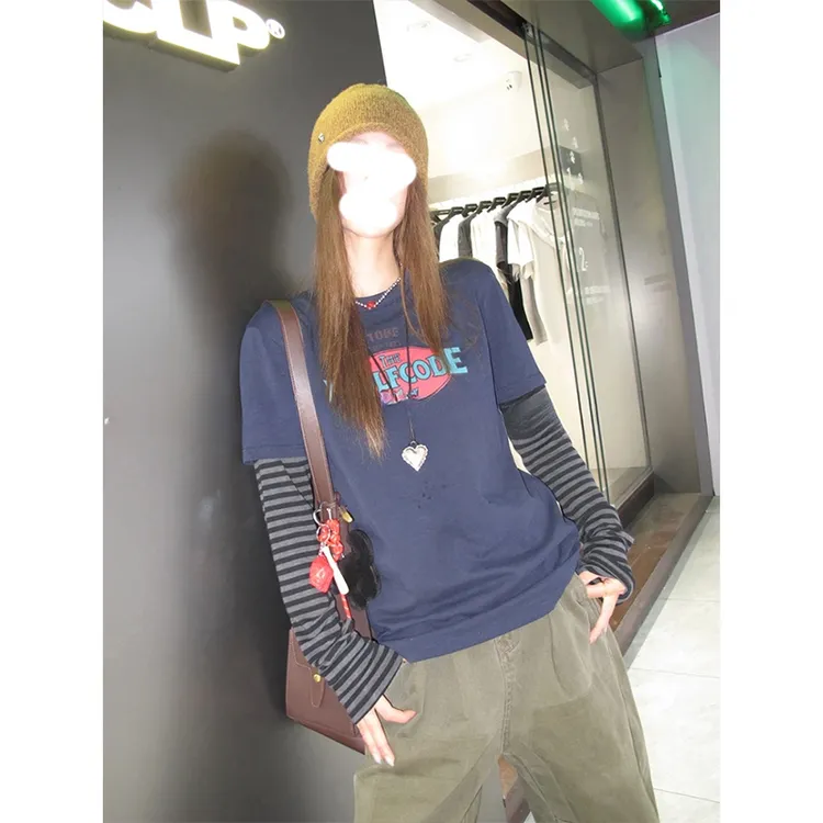 韩系穿搭假两件拼接条纹长袖t恤早秋巨好看的上衣女2025新款爆款