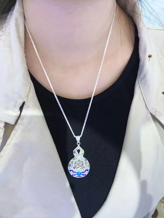 坠链均足银 【黄飞达】足银珐琅花丝葫芦吊坠项链