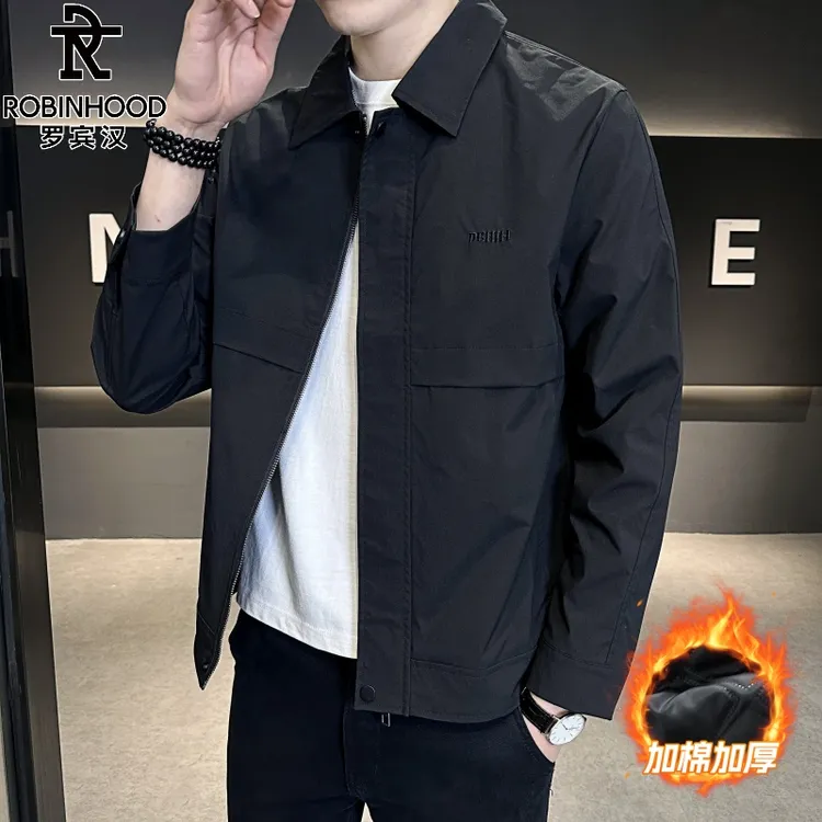罗宾汉春秋季男士翻领夹克新款潮流百搭秋季时尚休闲夹棉外套棉衣