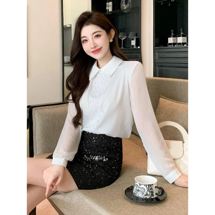 已出货2025春装新款蕾丝雪纺衫女长袖打底衫女士衬衣职业小衫上衣