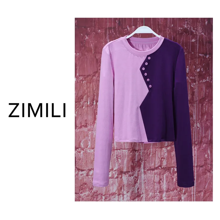 【亮哥女装】2025欧版莱赛尔轻薄粉/葡萄紫拼色高弹显瘦上衣6257