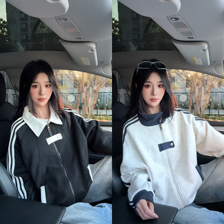 美式vibe重磅三条杠拼接开衫卫衣男女款秋季解构翻领拉链外套