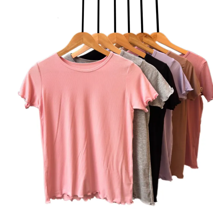 莫代尔罗纹短袖木耳边高弹女士夏季