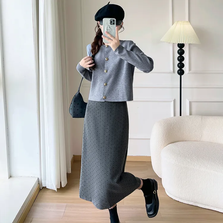小香风套装开衫上衣2025秋新款+灰色波点直筒半身裙两件套装25037