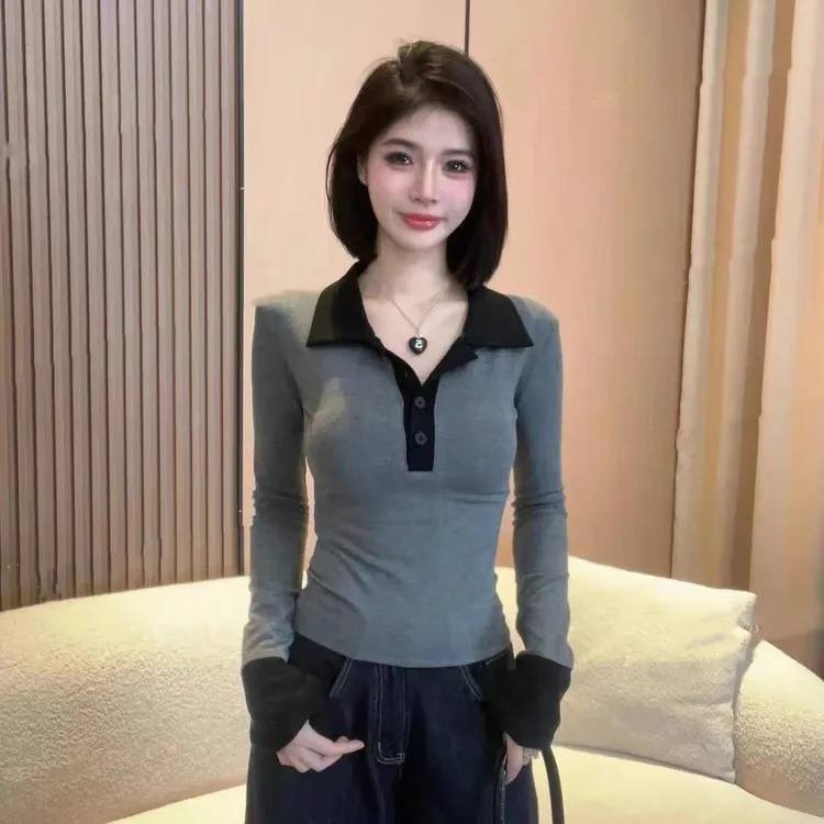 撞色修身显瘦拼接假两件POLO领长袖T恤女2025秋季新款打底衫上衣
