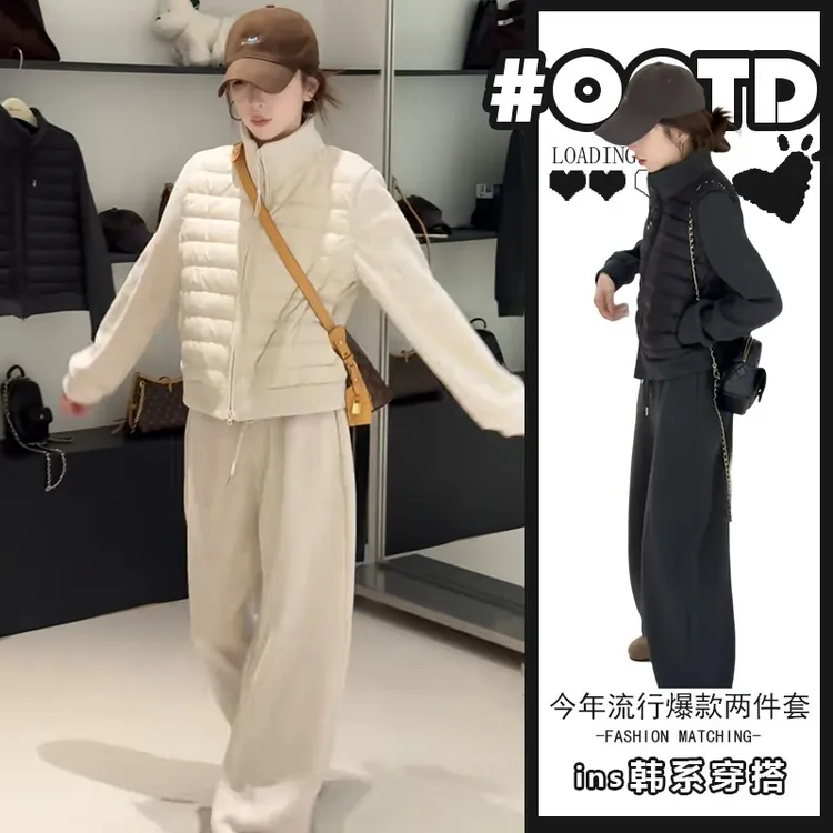 2025年新款休闲风套装修身立领保暖加绒显瘦外套宽松裤子两件套潮