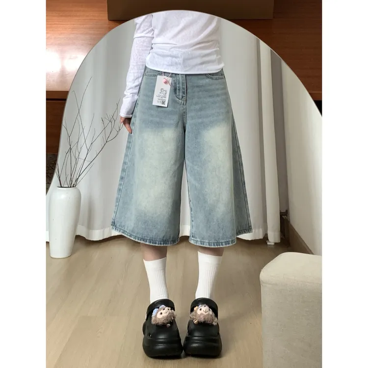 微胖mm水洗高腰七分牛仔裤女2025夏季新款休闲宽松显瘦百搭直筒裤