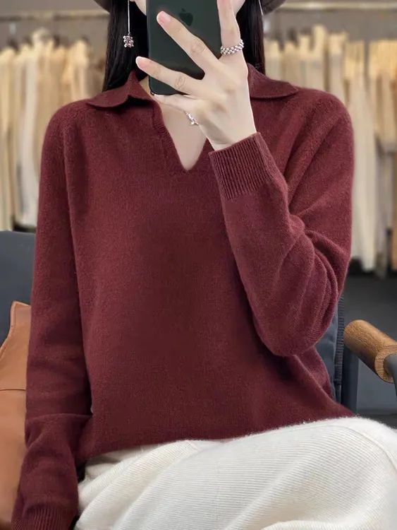 女半开领针织衫羊毛百搭打底衫秋冬时尚长袖显瘦套头纯色WQ823