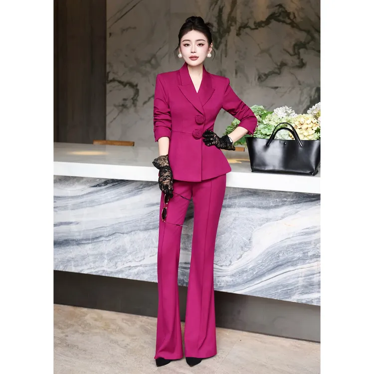 欧美法式女装2025秋冬新款立体玫瑰修身西装微喇裤时尚套装两件套