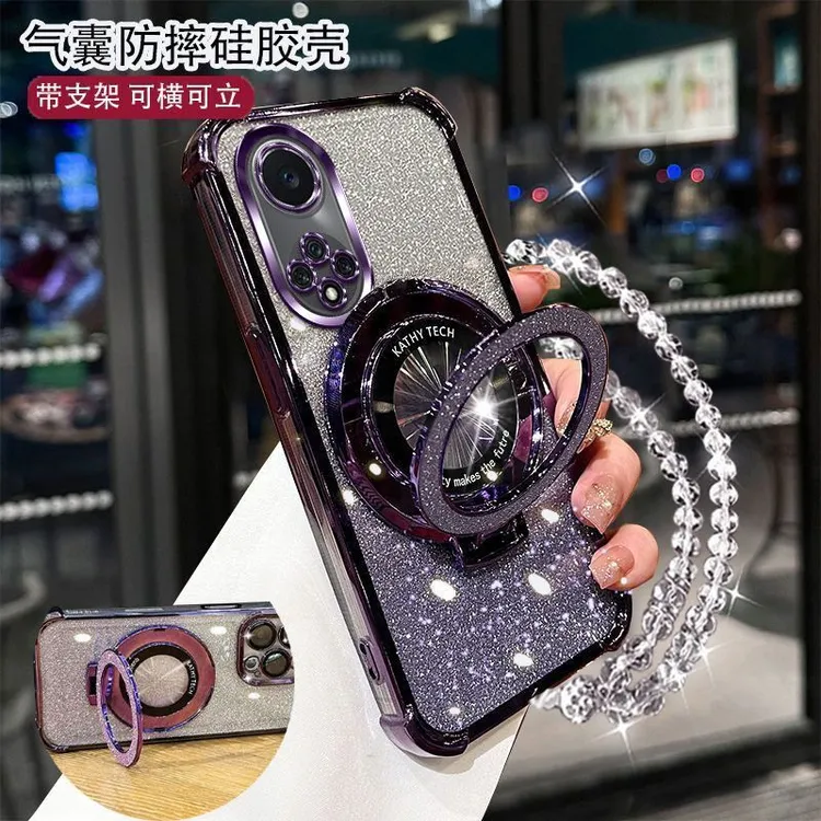 四角防摔荣耀50手机壳NTHAN00女款护镜流行闪粉支架手链软硅胶防