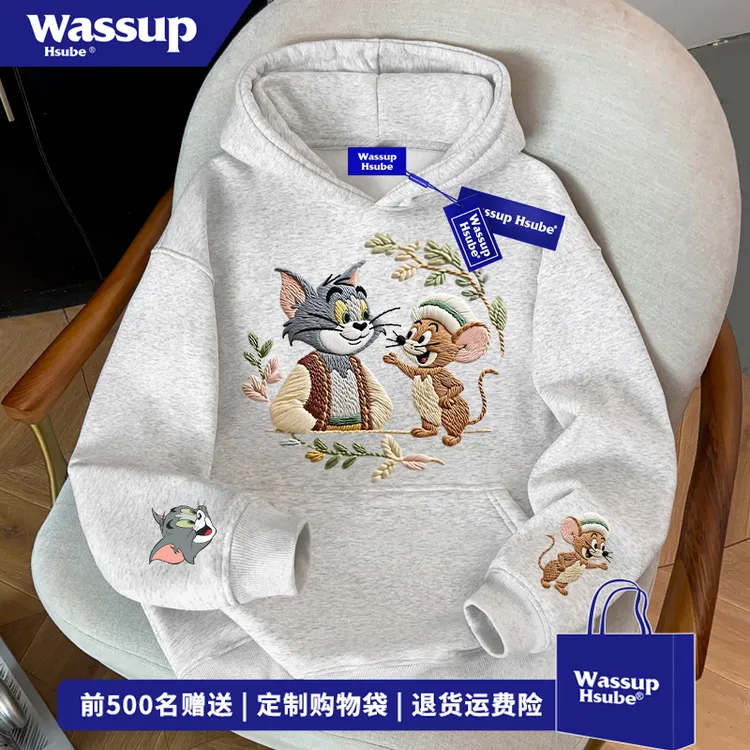 WASSUP HSUBE秋冬季潮牌连帽卫衣男女创意设计感卡通印花情侣上衣