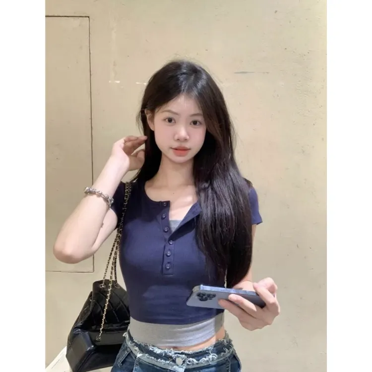 假两件纽扣短袖上衣女夏季新款纯欲辣妹修身显瘦短款百搭T恤衫ins
