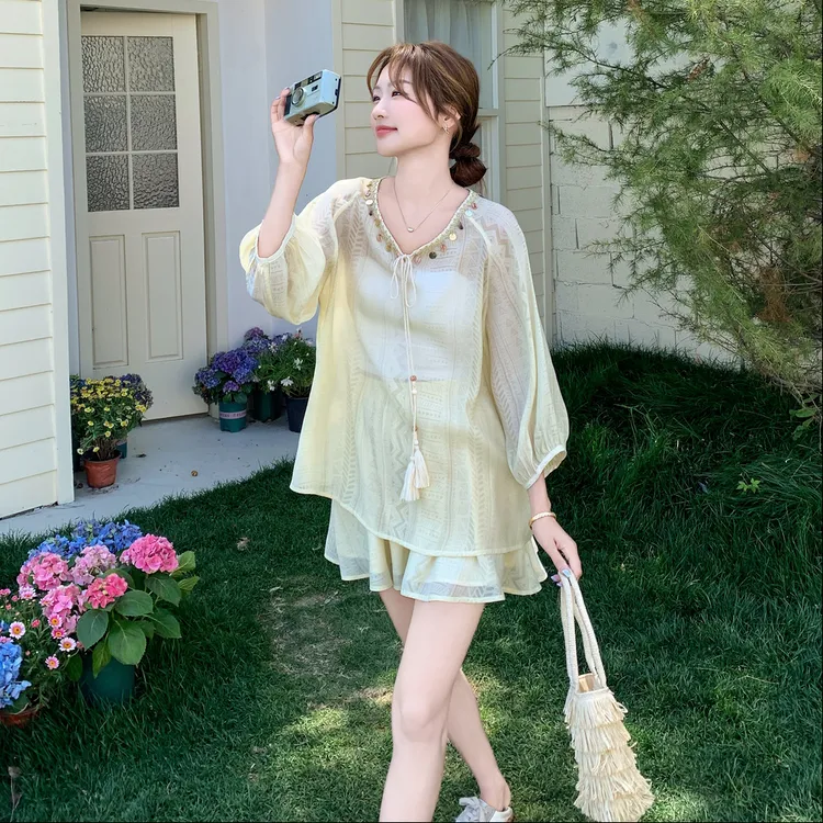 波西米亚风轻薄款套装裤女2025夏季新款松弛感防晒上衣短裤两件套