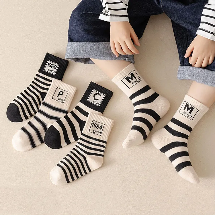 儿童春秋袜子韩版ins黑白条纹女童百搭中筒袜秋款宝宝袜男童棉袜