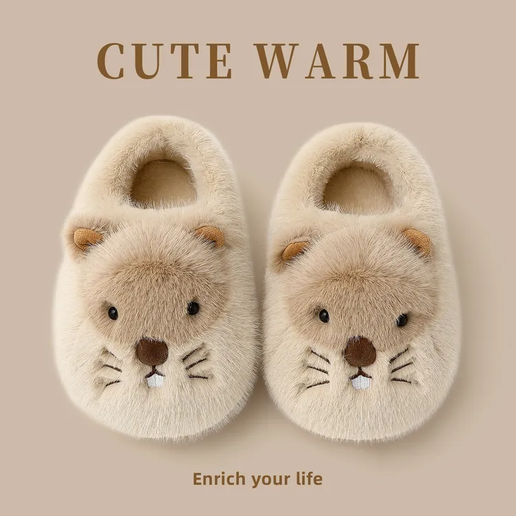 可爱土拨鼠棉拖鞋女款冬季外穿2025新款厚底加绒保暖亲子包跟棉拖