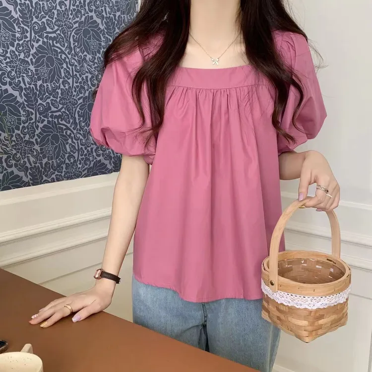 WD韩式少女风方领上衣女设计感甜美夏季泡泡袖娃娃衫减龄雪纺衬衫