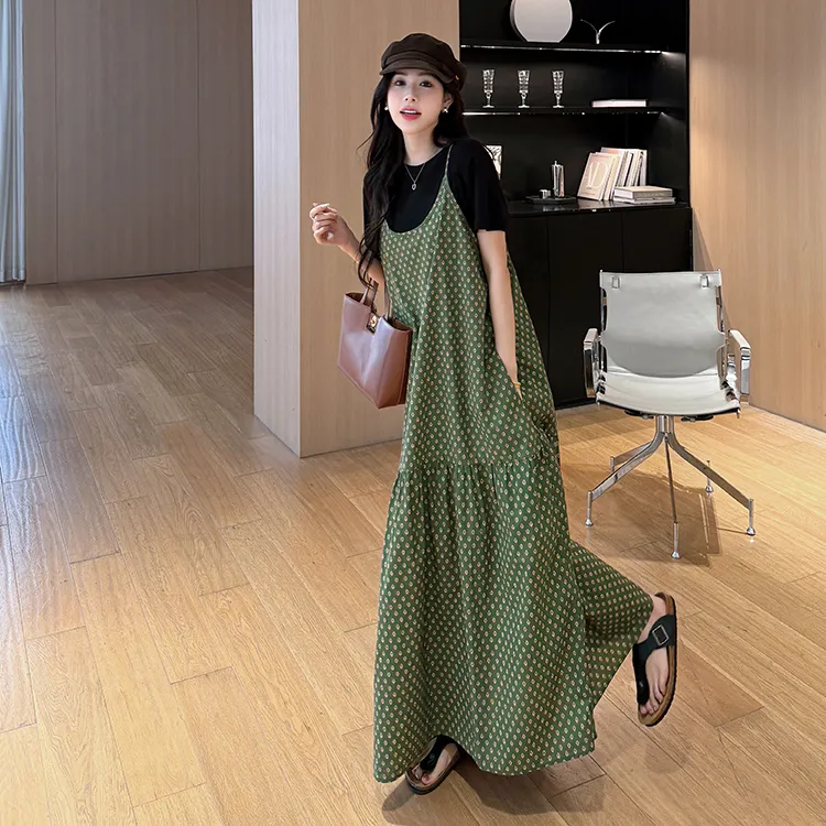 2025夏新款/高个加长款大码慵懒度假风真两件短袖连衣裙