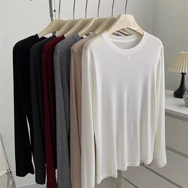 精梳棉白色长袖t恤女2025春秋新款修身圆领打底衫内搭显瘦上衣女