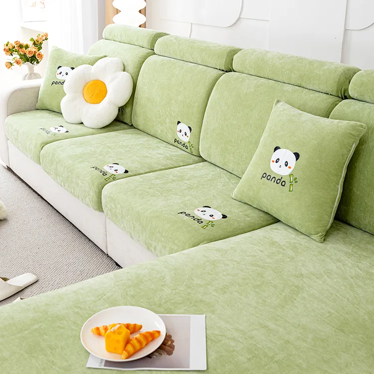 雪尼尔烫画熊猫四季通用型弹力沙发套罩全包万能套防尘防滑沙发垫
