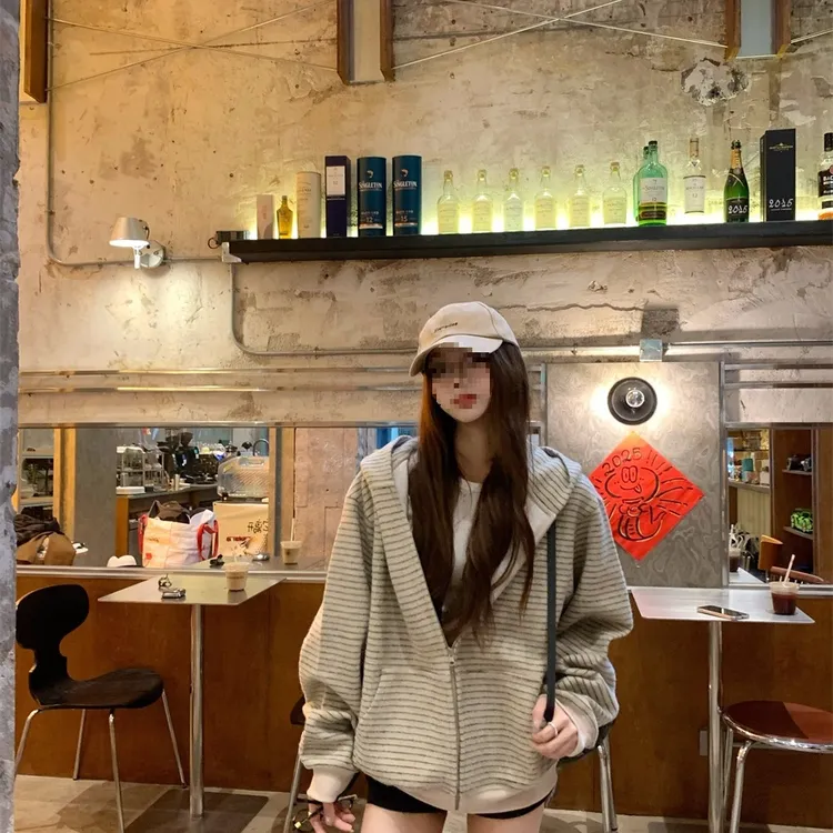 美式复古韩系连帽卫衣外套男春秋慵懒风宽松大码条纹撞色开衫百搭