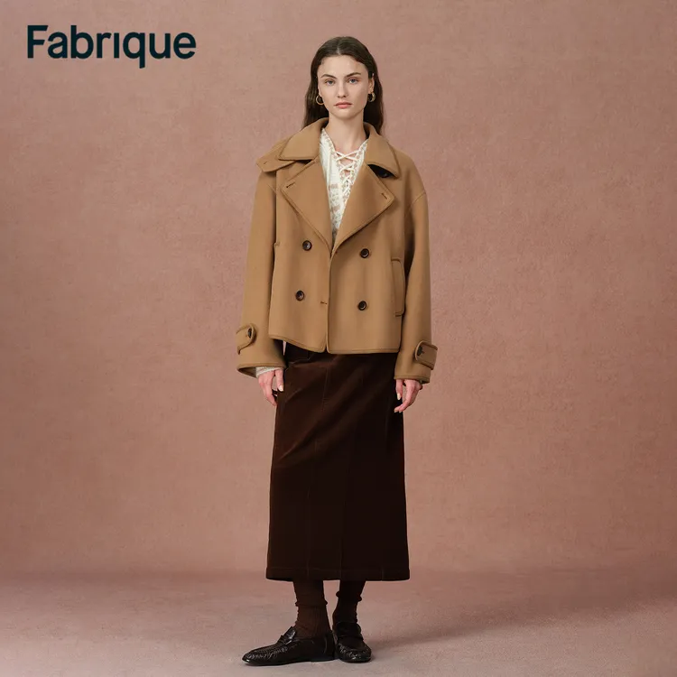 Fabrique Catherine 秋冬新品琥珀棕绵羊毛双面呢斗篷式短款大衣