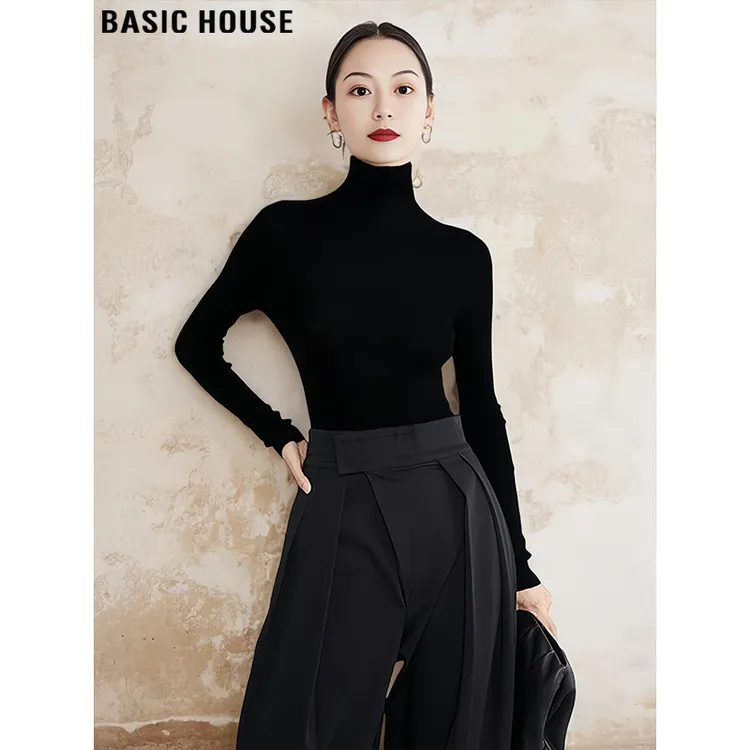 Basic House/百家好100%全羊毛高领针织打底衫女秋季修身内搭毛衣