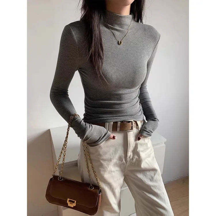 浪莎半高领长袖秋冬季打底衫女内搭韩系女T恤高级感螺纹长袖上衣