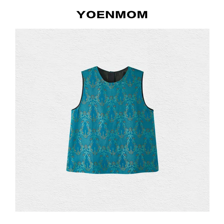 YOENMOM·宫廷蓝·100桑蚕丝泥染宋锦国风典雅气质后排扣圆领马甲