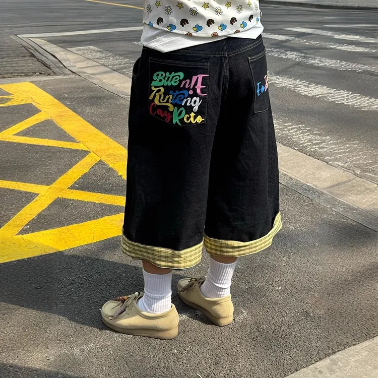 大码夏季美式复古拼色阔腿牛仔七分裤男女宽松百搭显瘦直筒短裤子