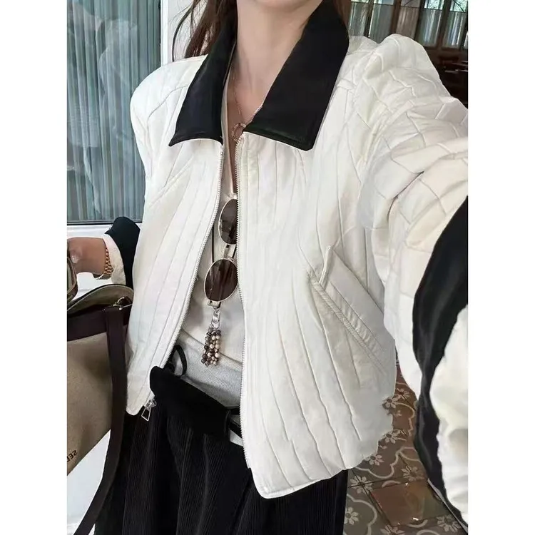 欧洲站设计感翻领拼皮轻薄棉服外套女2025秋季新款时尚显瘦上衣潮