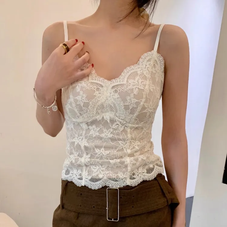 法式蕾丝吊带背心女2025新款爆款带胸垫修身内搭外穿打底上衣女