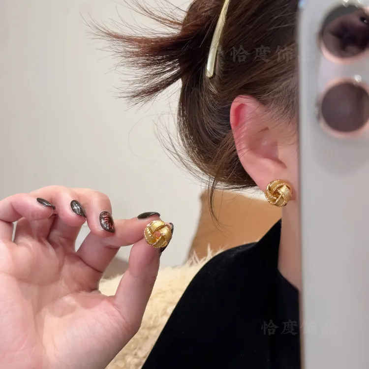 铜合金耳饰 【恰度】法式复古轻奢金色同心结耳钉
