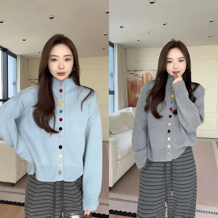 【余欢欢】冬季时尚休闲百搭彩扣半高领针织毛衣-YHW51000