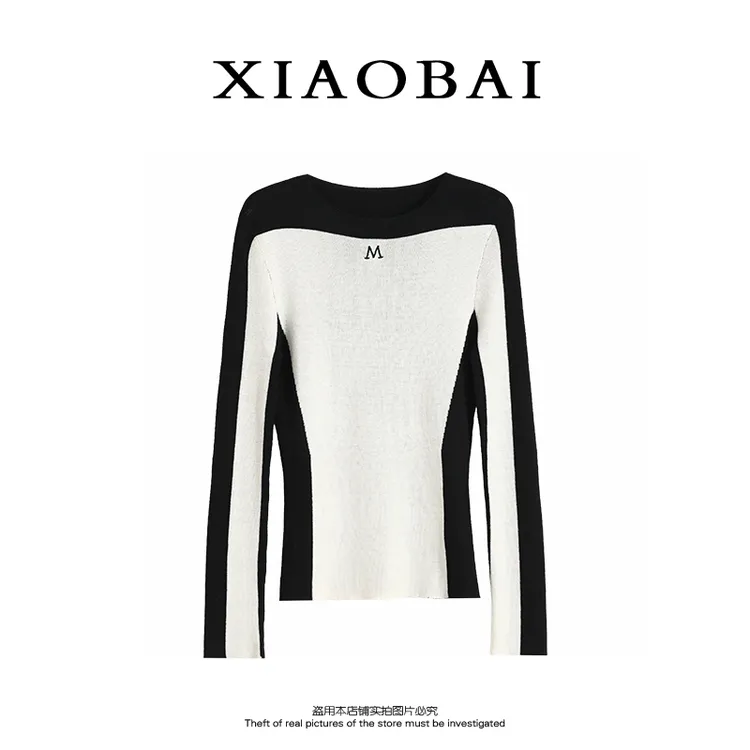 XIAOBAI 双色薄款针织衫早秋新款显瘦复古时尚毛针织长袖修身上衣