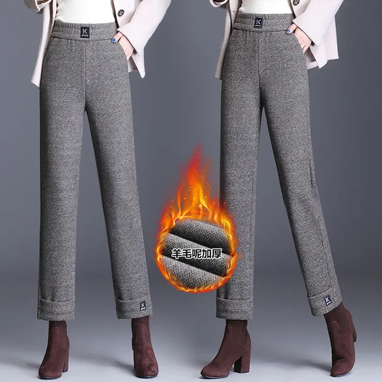 浪莎羊毛尼窄版阔腿裤直筒裤九分女裤加绒裤子女款加绒裤子冬款商品图