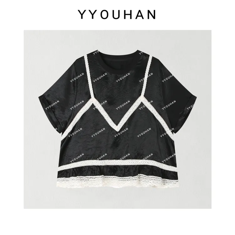 YYOUHAN  2025夏韩版气质蕾丝拼接宽松百搭短袖醋酸上衣2505C3074