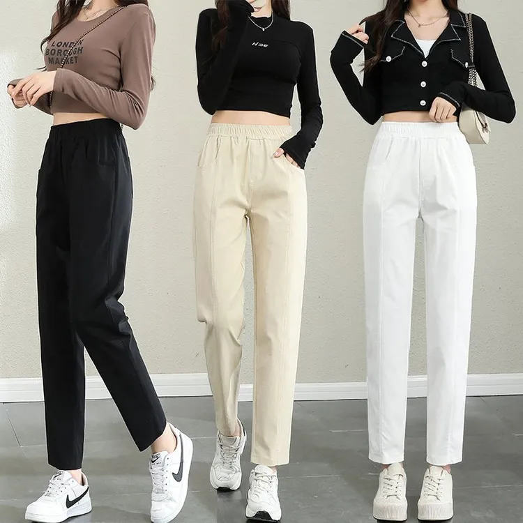 春夏季韩版九分休闲裤女士高腰薄款宽松小个子外穿百搭直筒哈伦裤